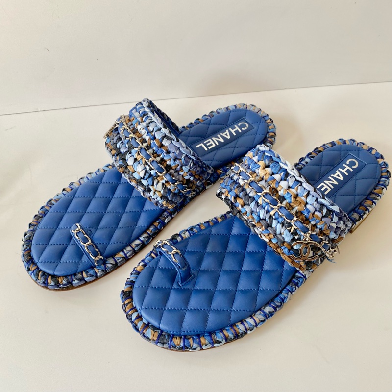 CHANEL 藍色 海洋風 拉菲草 小羊皮 拖鞋 涼鞋 39.5號-1