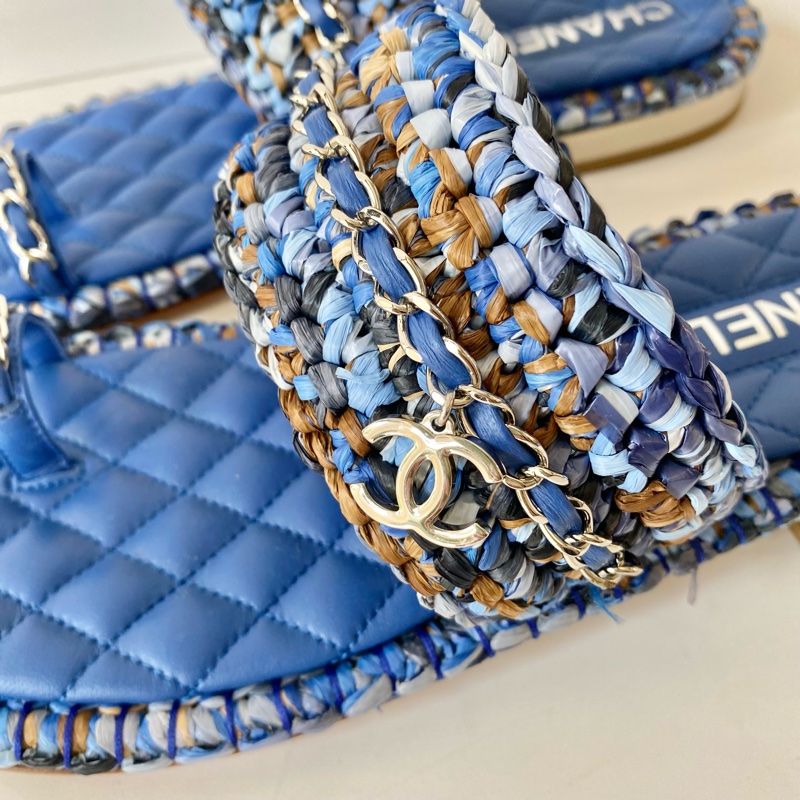 CHANEL 藍色 海洋風 拉菲草 小羊皮 拖鞋 涼鞋 39.5號-3