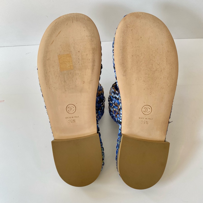 CHANEL 藍色 海洋風 拉菲草 小羊皮 拖鞋 涼鞋 39.5號-7