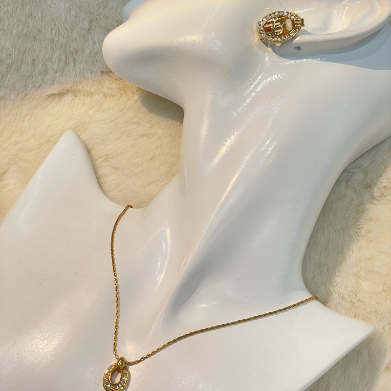 Dior 中古Vintage 水鑽金色耳夾項鏈套裝 XA658-0