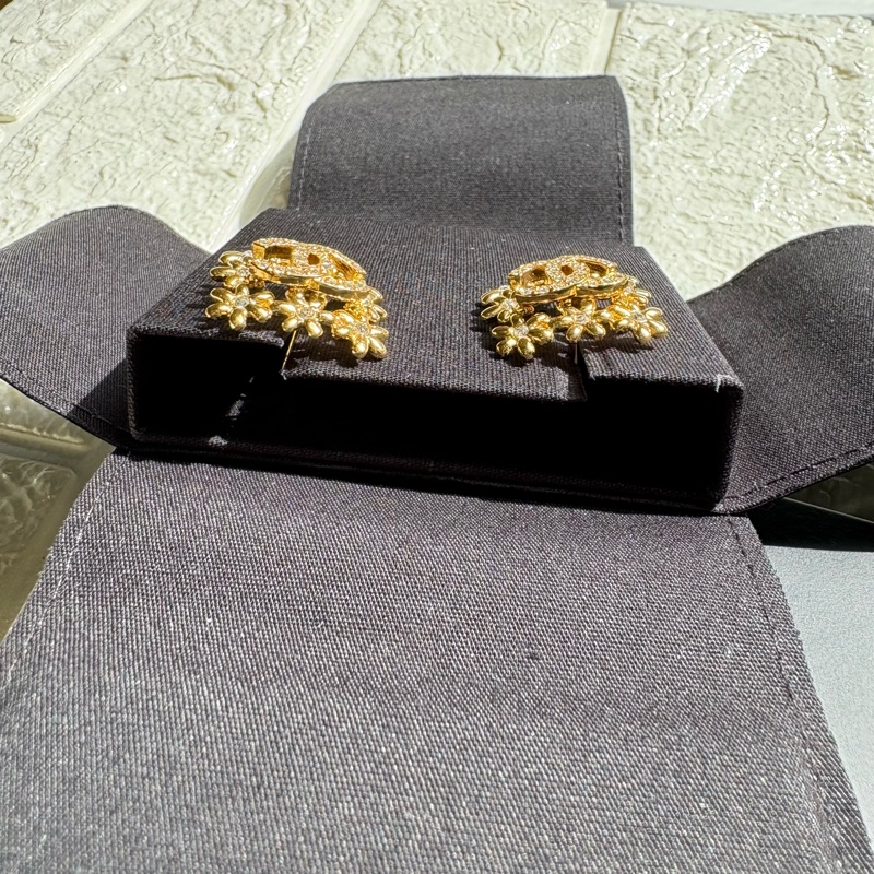 Chanel 金色小花方圈鑽飾耳環 針式耳環 耳釘-4