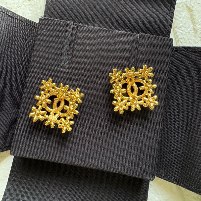 Chanel 金色小花方圈鑽飾耳環 針式耳環 耳釘-5