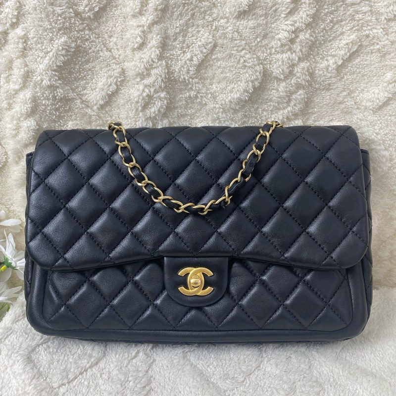 含購鉦 Chanel/香奈兒CF系列黑金羊皮大號鏈條包-0