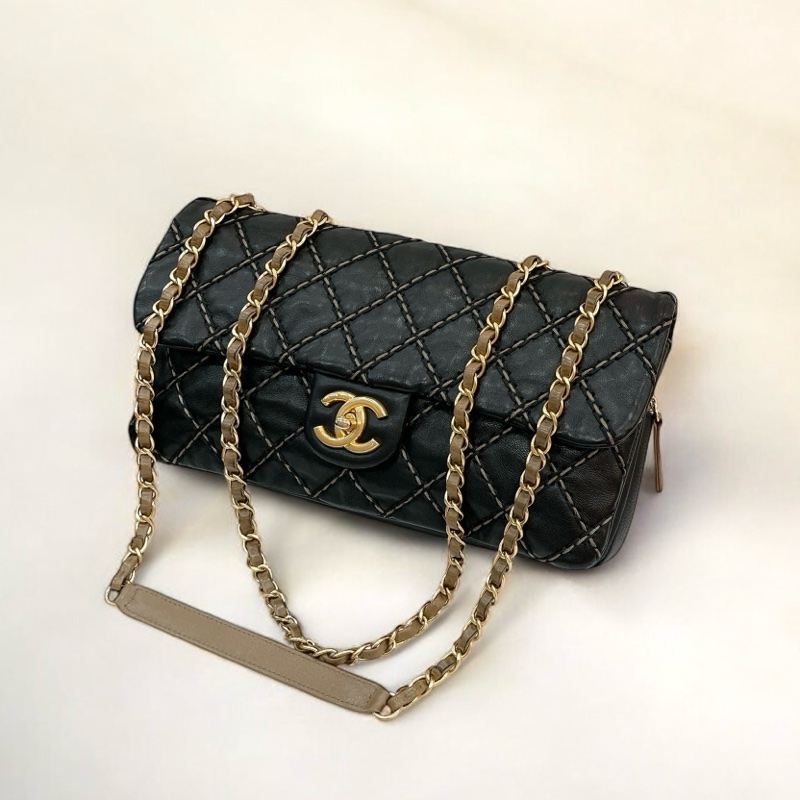 莉亞精品♡Chanel A92360 外縫線內雙層口蓋包 拼色 二手美包-0