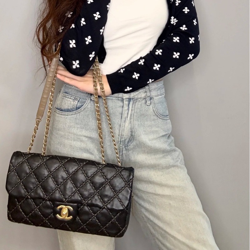 莉亞精品♡Chanel A92360 外縫線內雙層口蓋包 拼色 二手美包-1