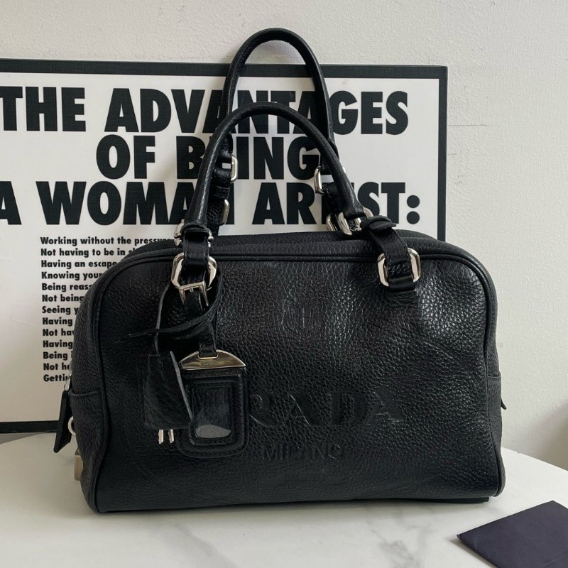 Prada黑銀保齡球包 經典百搭Prada logo暗紋 手提包-0