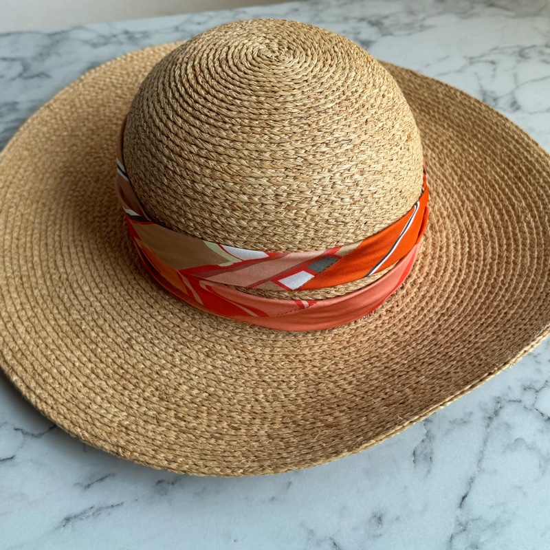 Hermes橘色絲巾草編帽👒👒-10