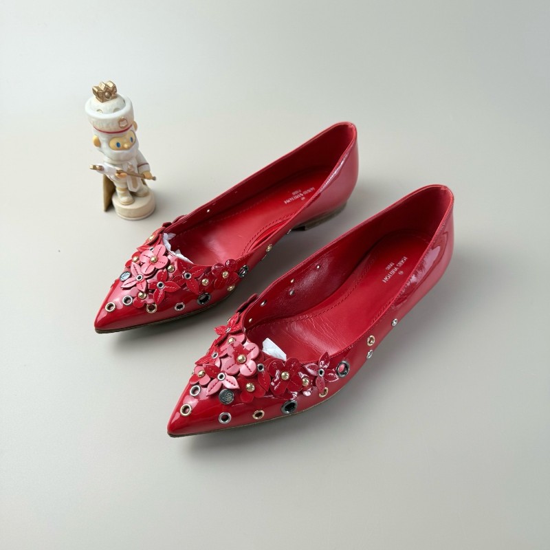 LV/路易威登 紅色金扣碎花低跟鞋 37.5碼-0