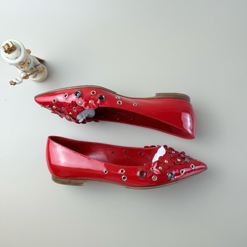 LV/路易威登 紅色金扣碎花低跟鞋 37.5碼-2