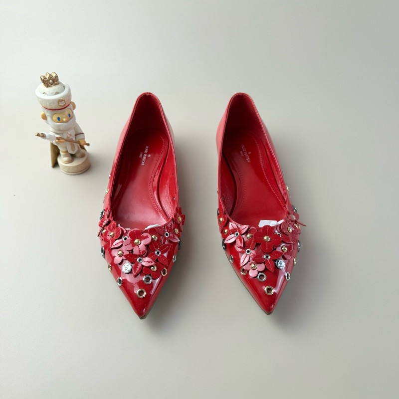 LV/路易威登 紅色金扣碎花低跟鞋 37.5碼-4
