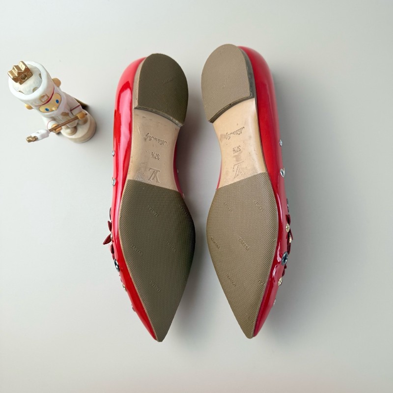 LV/路易威登 紅色金扣碎花低跟鞋 37.5碼-5