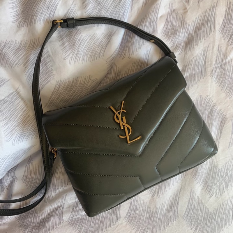 YSL Lou mini 經典山形紋斜背包 墨綠色-0
