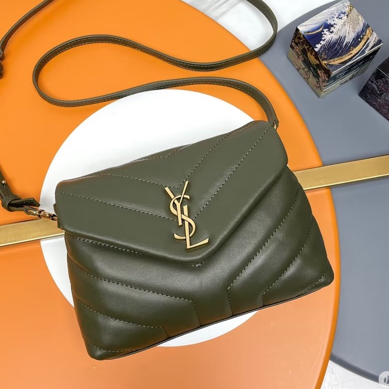YSL Lou mini 經典山形紋斜背包 墨綠色-1
