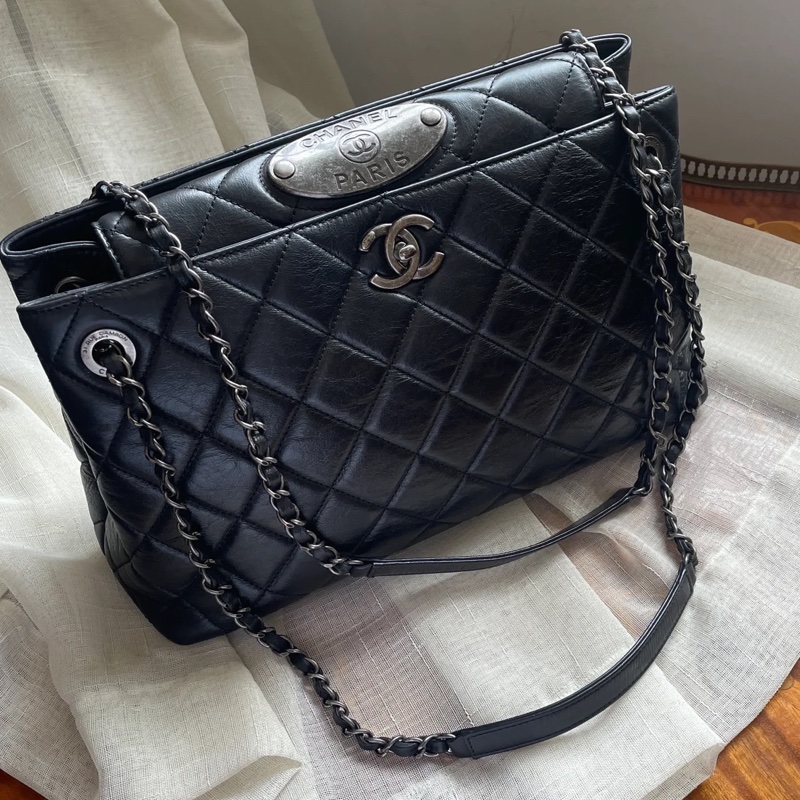 美包限量出售😍Chanel黑銀菱格紋孟買系列雙鏈條托特單肩斜挎包-4