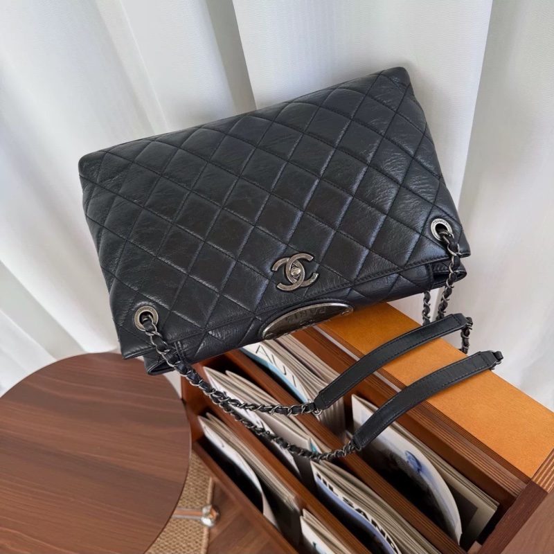 美包限量出售😍Chanel黑銀菱格紋孟買系列雙鏈條托特單肩斜挎包-13