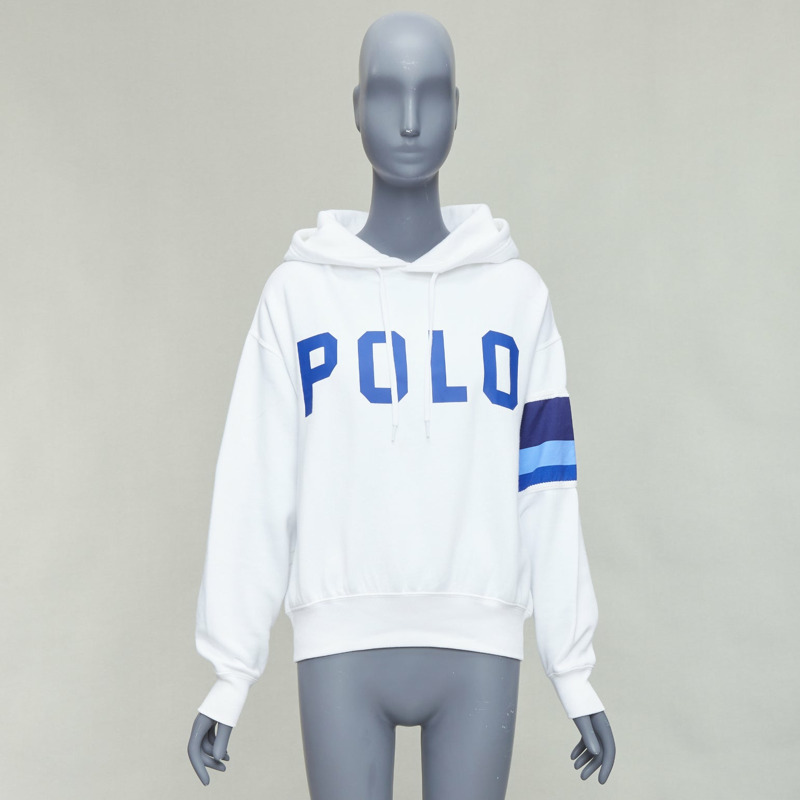 POLO RALPH LAUREN white blue cotton blend logo stripe arm hoodie XS-8