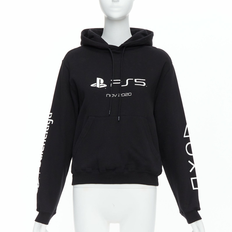 BALENCIAGA Demna 2021 black cotton PS5 logo fitted cropped hoodie M-0