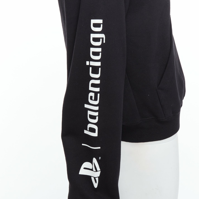 BALENCIAGA Demna 2021 black cotton PS5 logo fitted cropped hoodie M-1