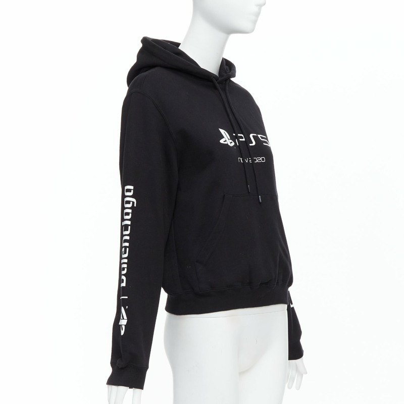 BALENCIAGA Demna 2021 black cotton PS5 logo fitted cropped hoodie M-2
