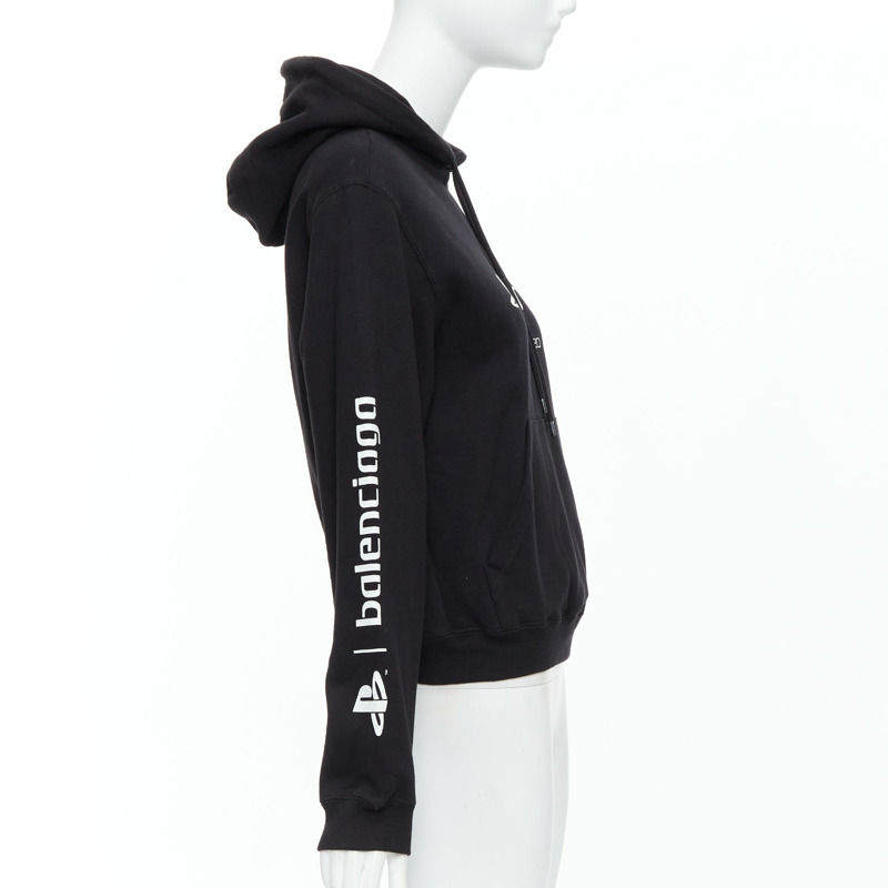 BALENCIAGA Demna 2021 black cotton PS5 logo fitted cropped hoodie M-3
