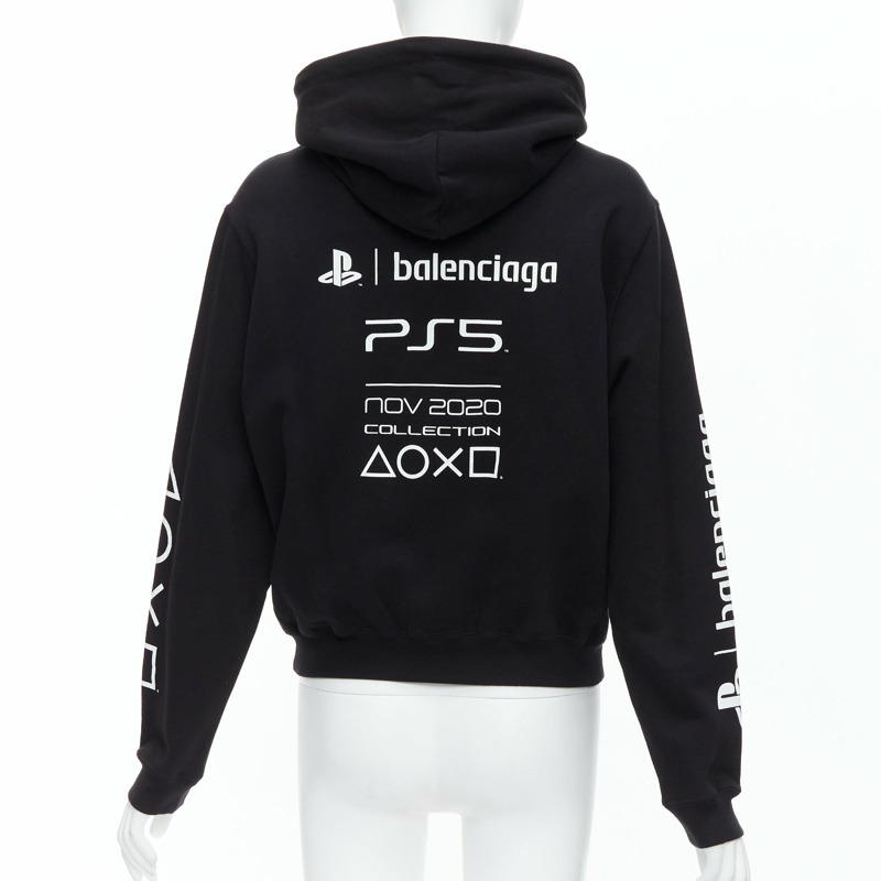 BALENCIAGA Demna 2021 black cotton PS5 logo fitted cropped hoodie M-4