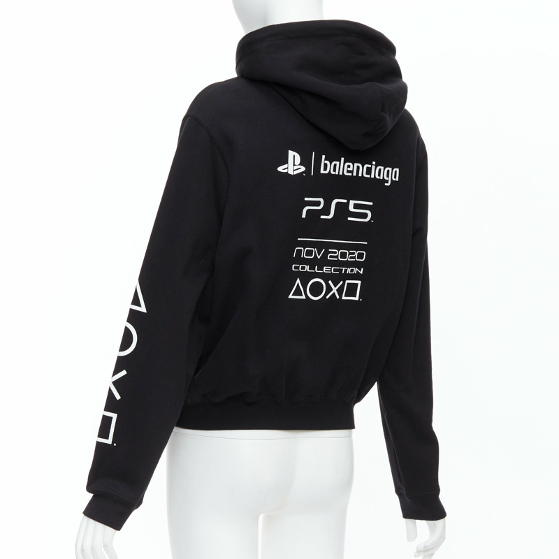 BALENCIAGA Demna 2021 black cotton PS5 logo fitted cropped hoodie M-5