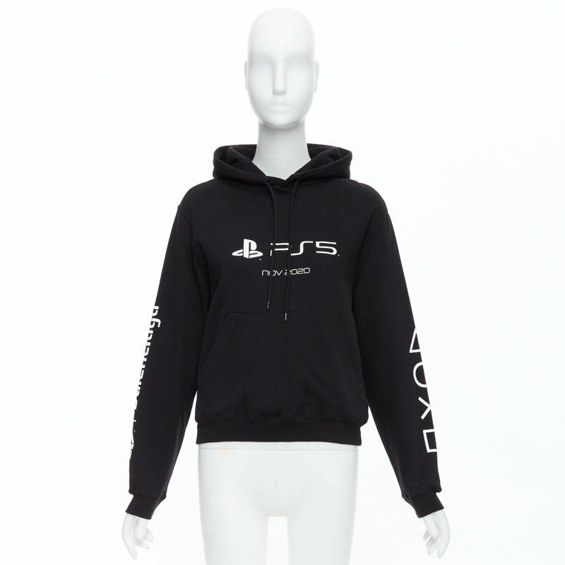 BALENCIAGA Demna 2021 black cotton PS5 logo fitted cropped hoodie M-8