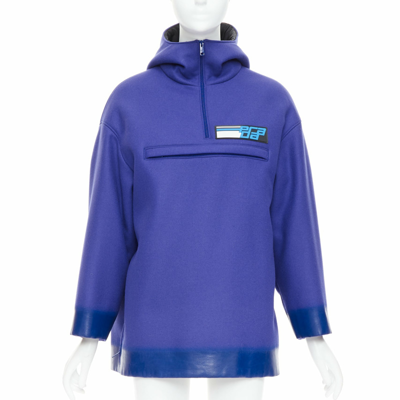 PRADA 2018 Runway blue virgin wool lacqured hem popover hoodie IT38 XSS-0