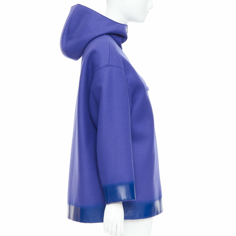 PRADA 2018 Runway blue virgin wool lacqured hem popover hoodie IT38 XSS-3