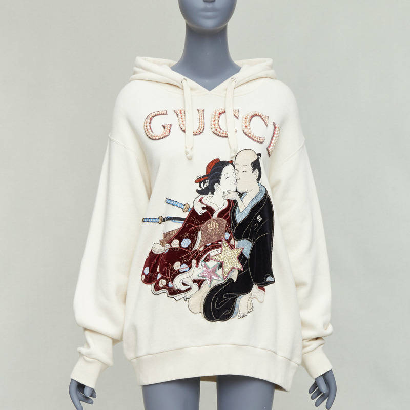 GUCCI Shunga Geisha Lover cream embroidery pearl embellished hoodie M-0