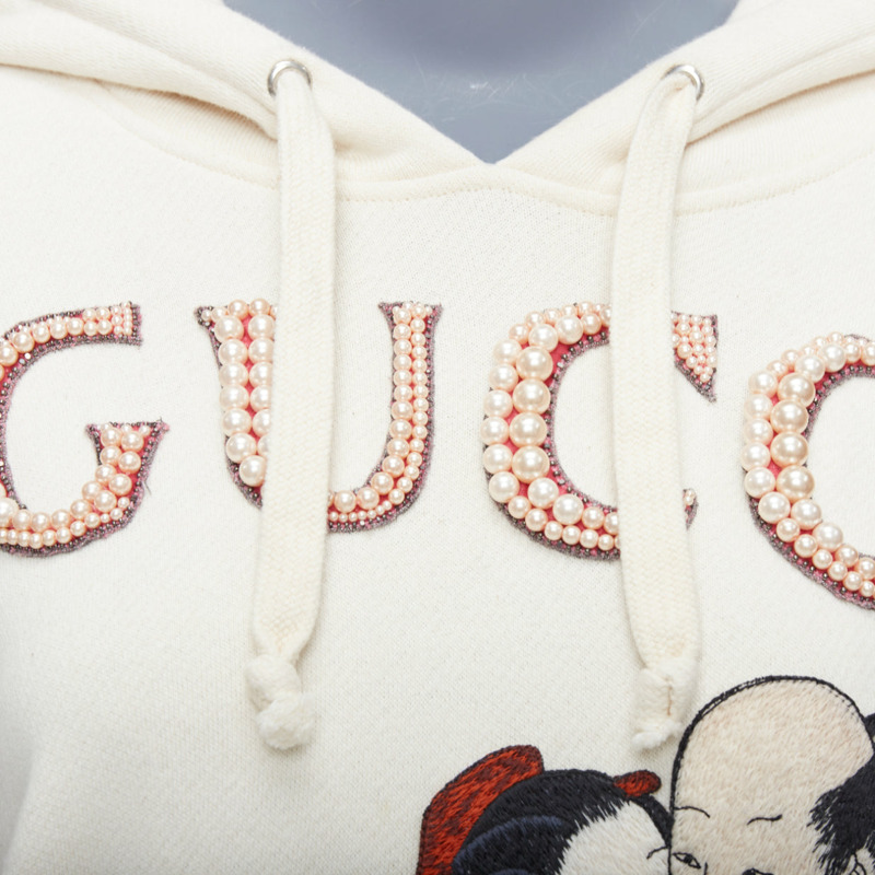 GUCCI Shunga Geisha Lover cream embroidery pearl embellished hoodie M-1