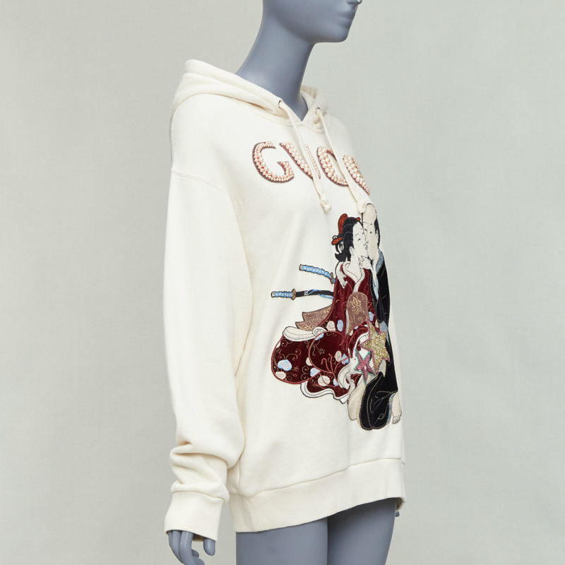 GUCCI Shunga Geisha Lover cream embroidery pearl embellished hoodie M-2