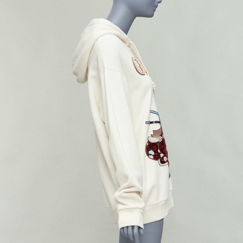 GUCCI Shunga Geisha Lover cream embroidery pearl embellished hoodie M-3