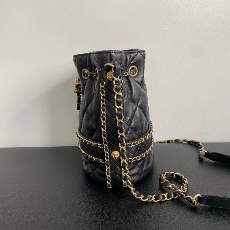 Chanel香奈兒黑金皮穿鏈水桶包肩背包斜背包-2