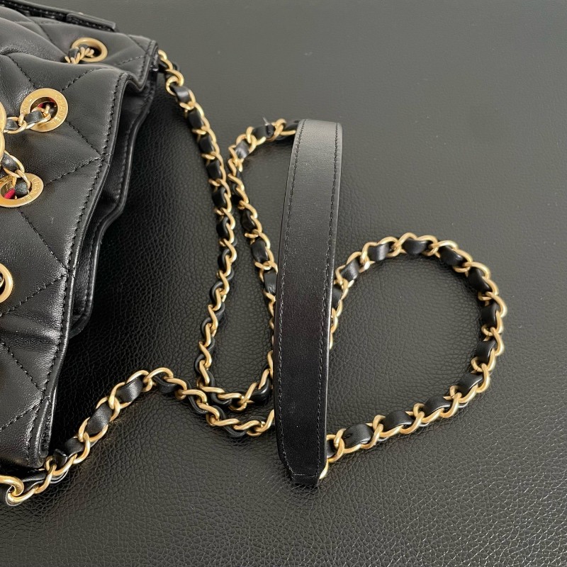 Chanel香奈兒黑金皮穿鏈水桶包肩背包斜背包-6