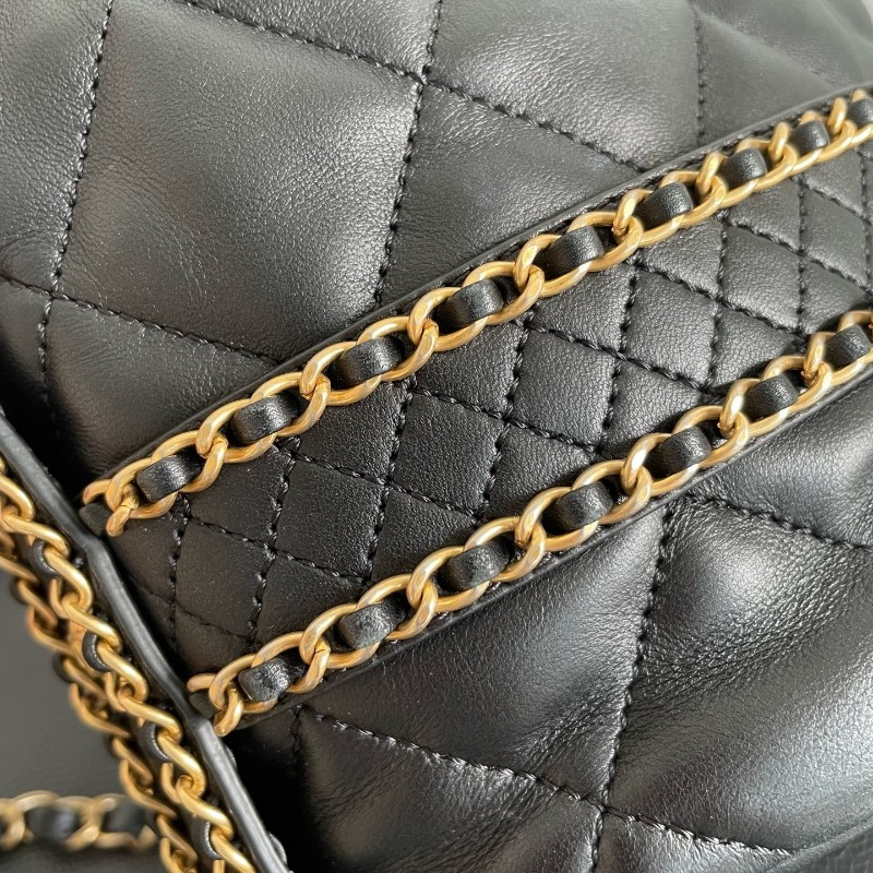 Chanel香奈兒黑金皮穿鏈水桶包肩背包斜背包-8