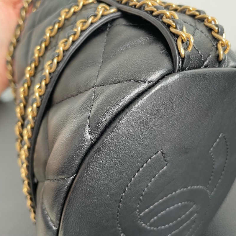 Chanel香奈兒黑金皮穿鏈水桶包肩背包斜背包-13