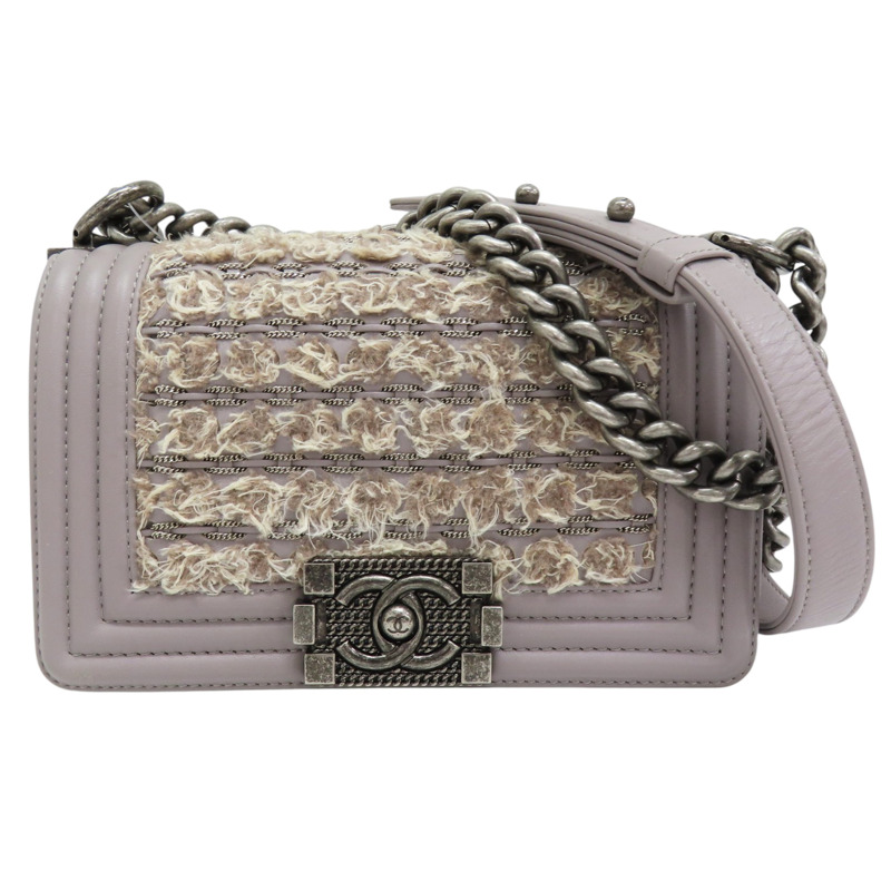 灰色 牛皮 毛呢 Boy20 鍊帶 肩背包 銀扣-0