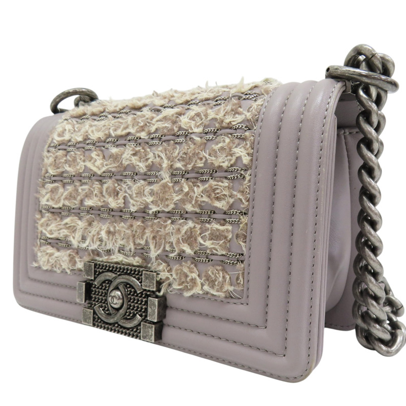 灰色 牛皮 毛呢 Boy20 鍊帶 肩背包 銀扣-2