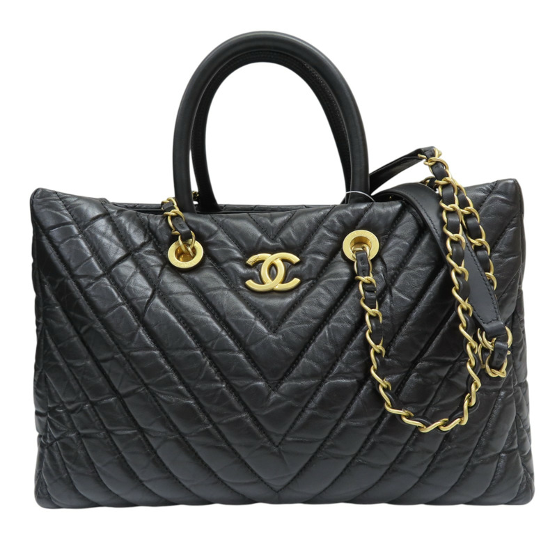 黑色 山形紋 牛皮 两用包 金扣【CHANEL 香奈兒】-0