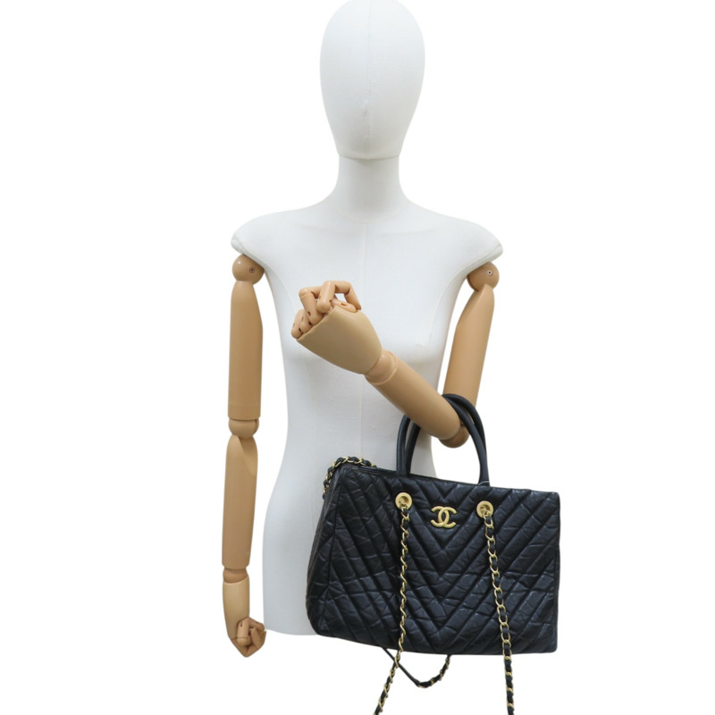 黑色 山形紋 牛皮 两用包 金扣【CHANEL 香奈兒】-11