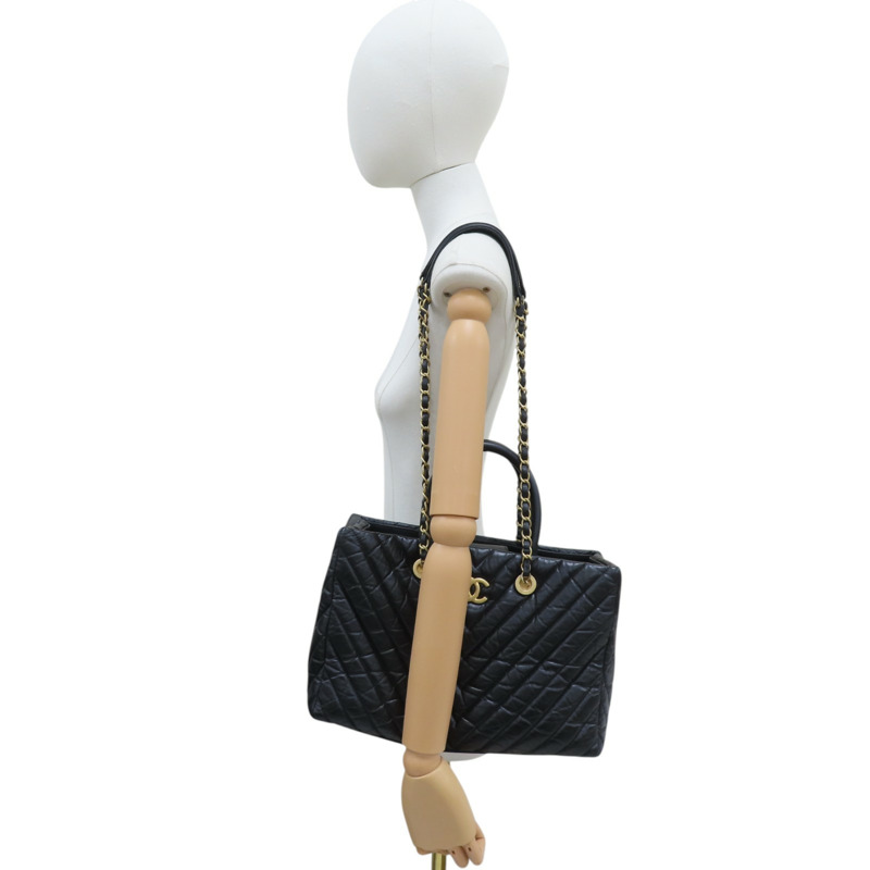 黑色 山形紋 牛皮 两用包 金扣【CHANEL 香奈兒】-12