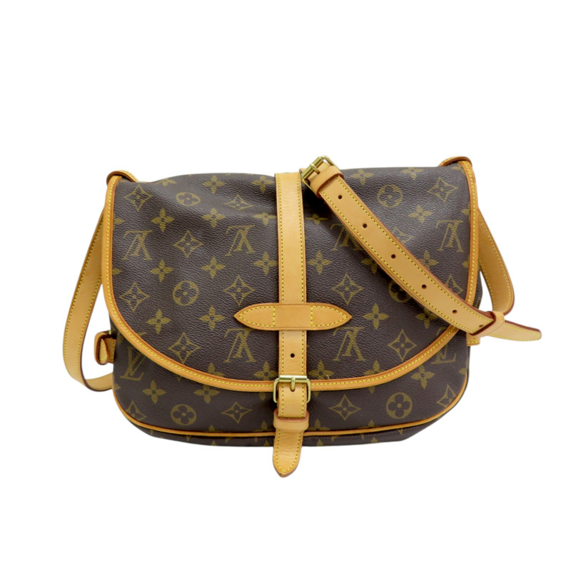 棕色 原花帆布 Saumur 30 肩背包【LOUIS VUITTON LV 路易威登】 M42256-1