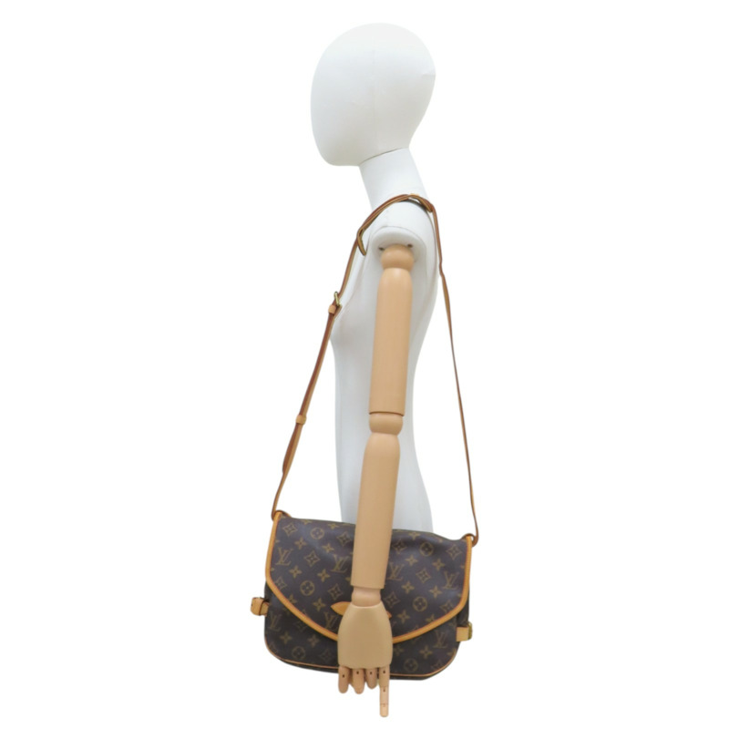 棕色 原花帆布 Saumur 30 肩背包【LOUIS VUITTON LV 路易威登】 M42256-8