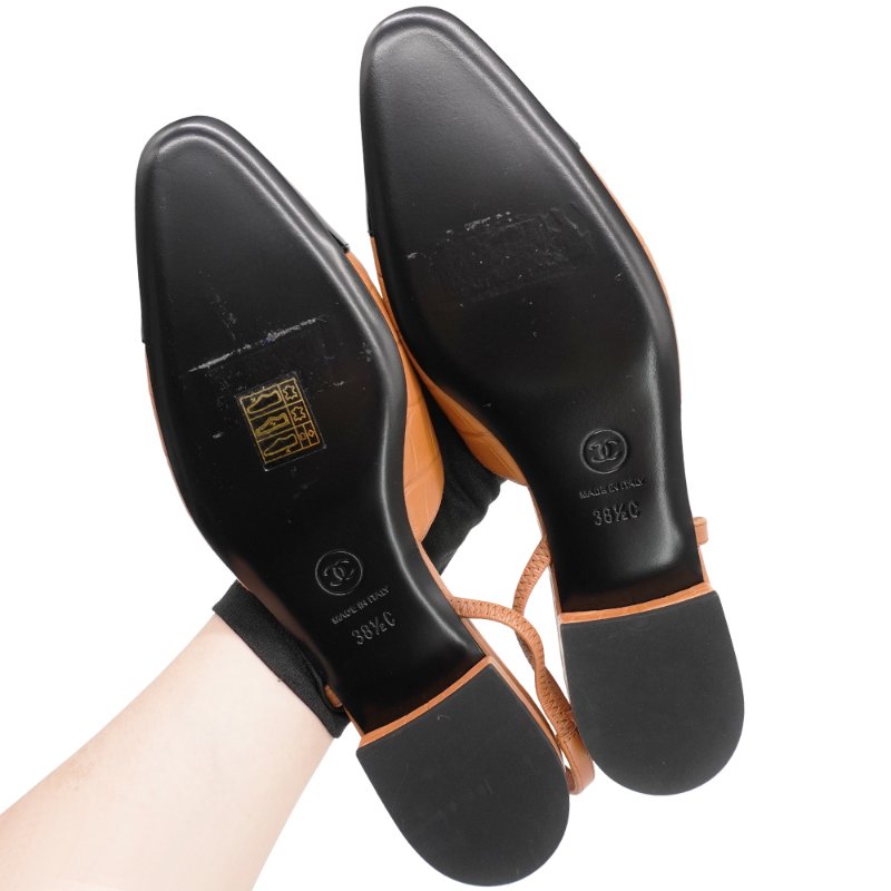 Chanel 展示品 漆皮拚鱷魚紋皮革鬆緊帶涼鞋#38.5(G31319-駝色)-5