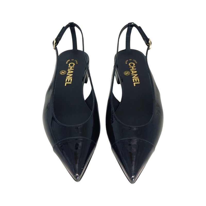 Chanel 展示品 漆皮低跟尖頭涼鞋#38(G45252-黑)-1