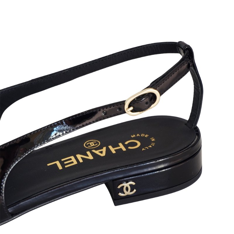 Chanel 展示品 漆皮低跟尖頭涼鞋#38(G45252-黑)-3