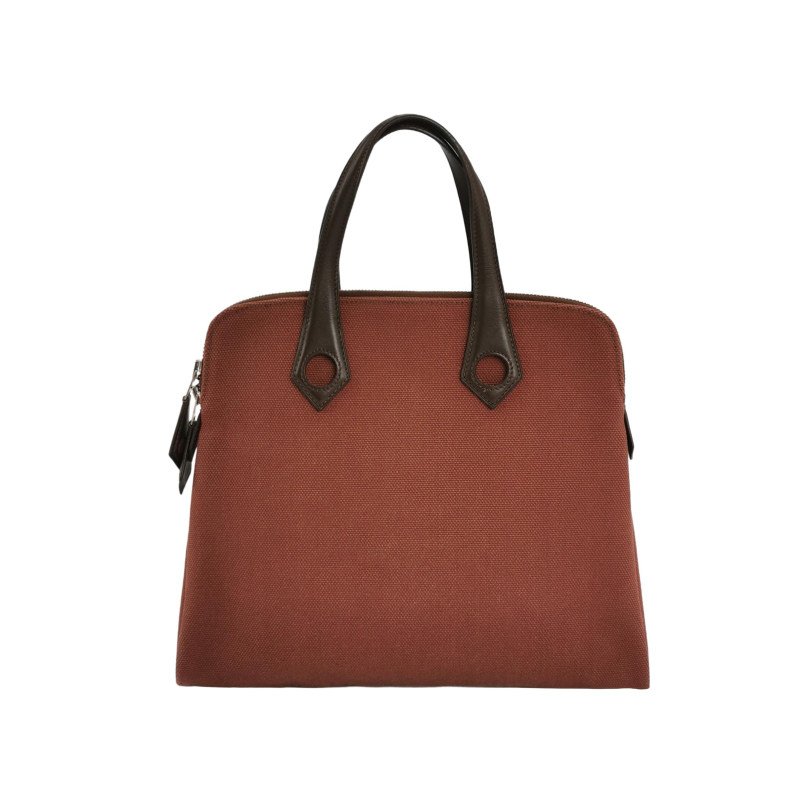 Hermes Heeboo 拼色 拉鍊 手提包 帆布 Hunter牛皮 銀扣 0G馬鞍紅 紅棕色框 J刻-0