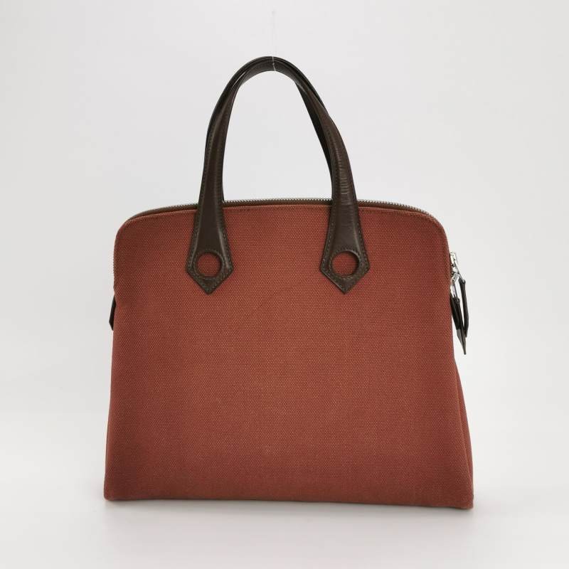 Hermes Heeboo 拼色 拉鍊 手提包 帆布 Hunter牛皮 銀扣 0G馬鞍紅 紅棕色框 J刻-5