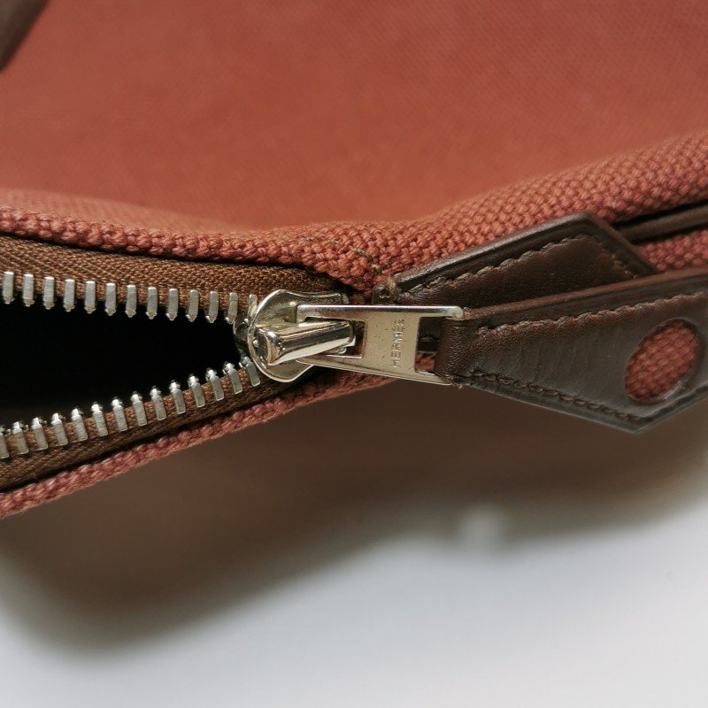 Hermes Heeboo 拼色 拉鍊 手提包 帆布 Hunter牛皮 銀扣 0G馬鞍紅 紅棕色框 J刻-10